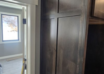 A room with a door open.